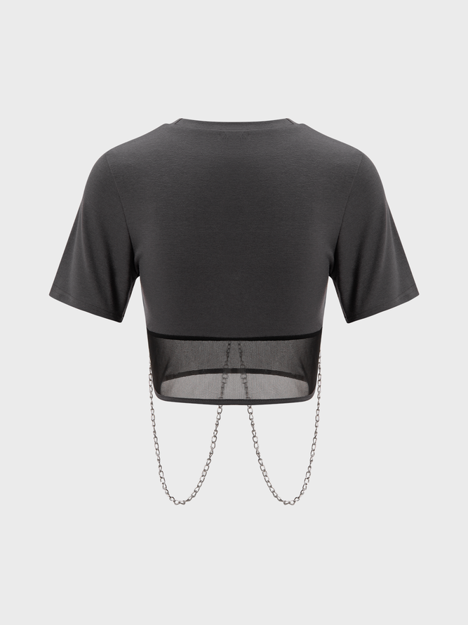 Street Gray Graphic Patchwork Metal Chain Top T-Shirt