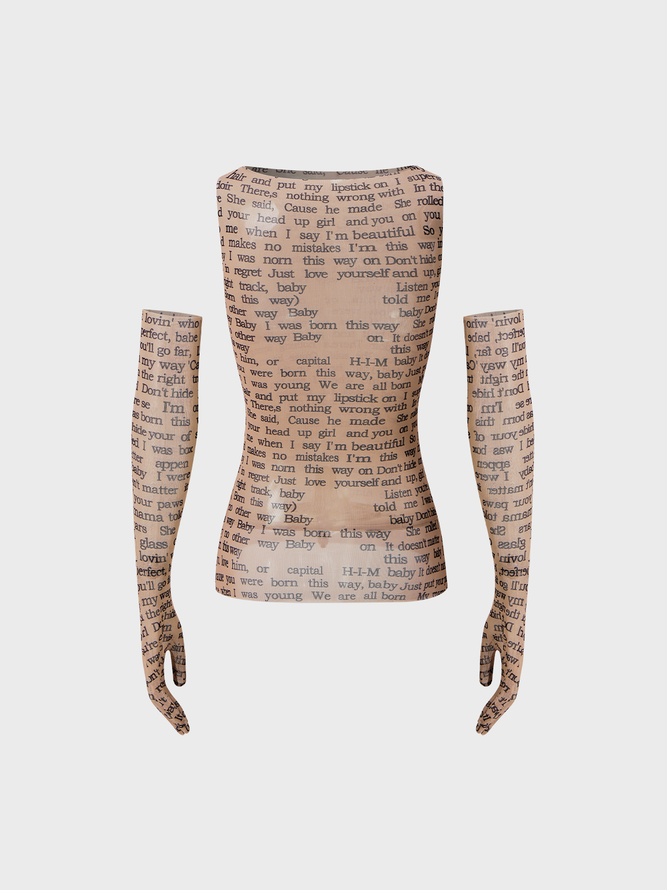 【Final Sale】Y2K Khaki Mesh Letter Arm Sleeves Party Top Women Top