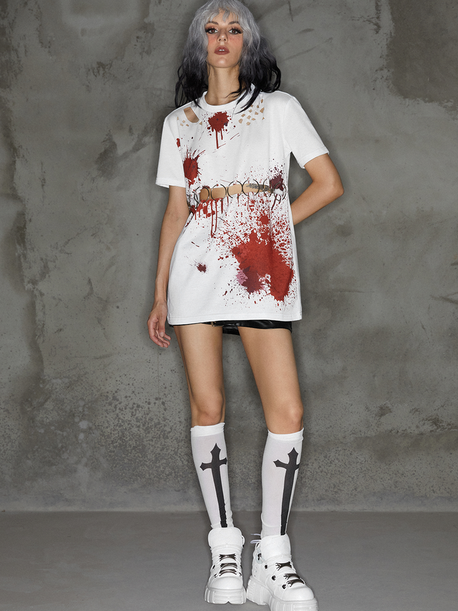 【Final Sale】Punk White Graffiti Metal Cut Out Halloween Top T-Shirt