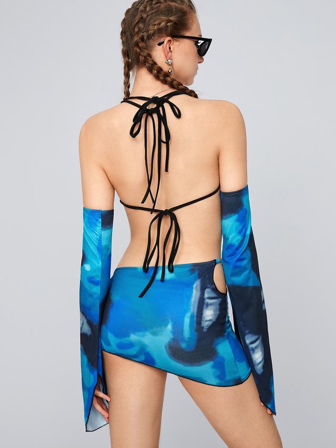 Edgy Vacation Blue Cut Out Irregular Hem Marbling Two-Piece Set