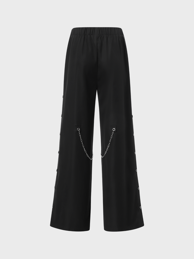 【Final Sale】Street Black Side Slit Cut Out Metal Chain Bottom Pants