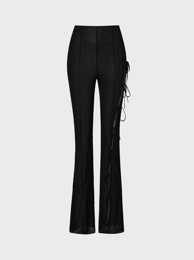 Y2K Black Lace Up Asymmetrical Design Mesh Bottom Pants