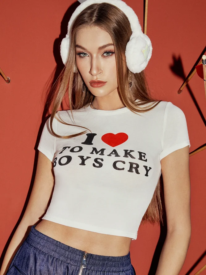 Y2K White Letter Top T-Shirt I Love Make Boys Cry