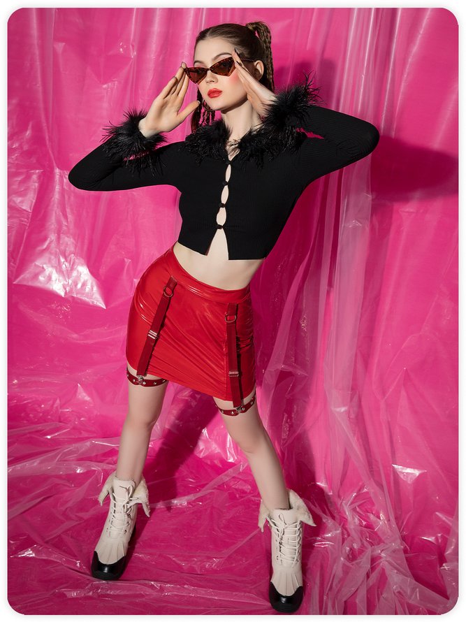 【Final Sale】Street Wine Red Pu Lace-Up Design Halloween Bottom Skirt