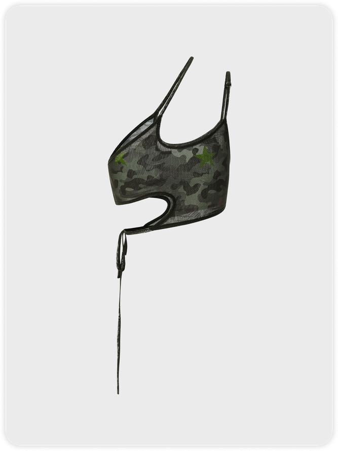 【Final Sale】Street Army Green Asymmetrical Design Camo Cyberpunk Top Tank Top & Cami
