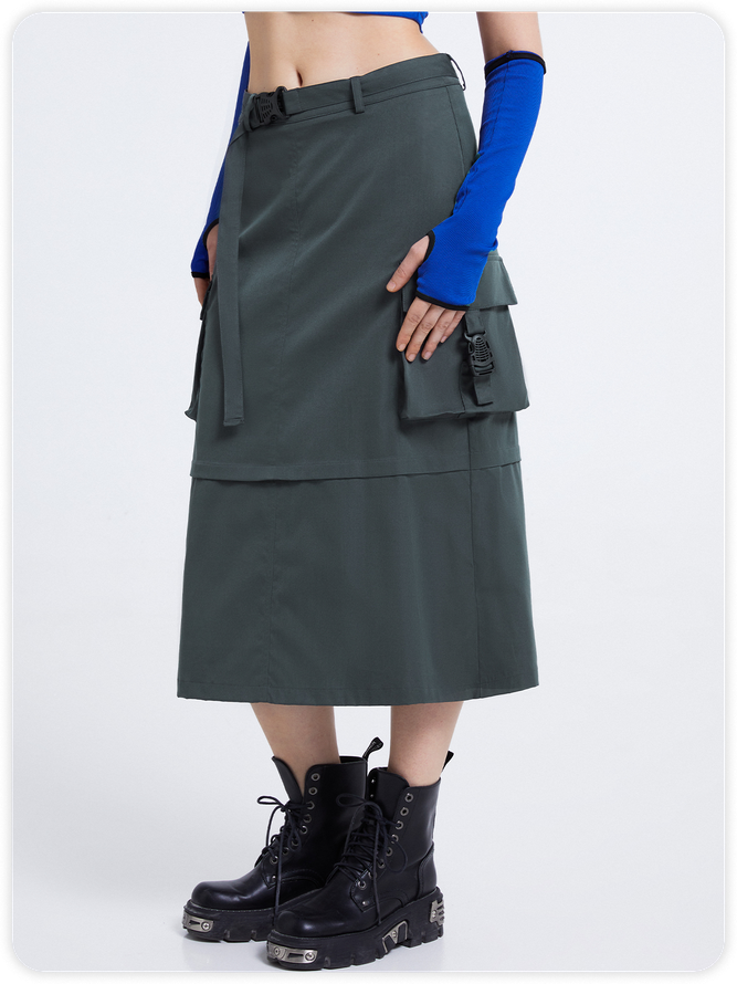 【Final Sale】Street Deep Gray Cargo Pockets Cyberpunk Bottom Skirt