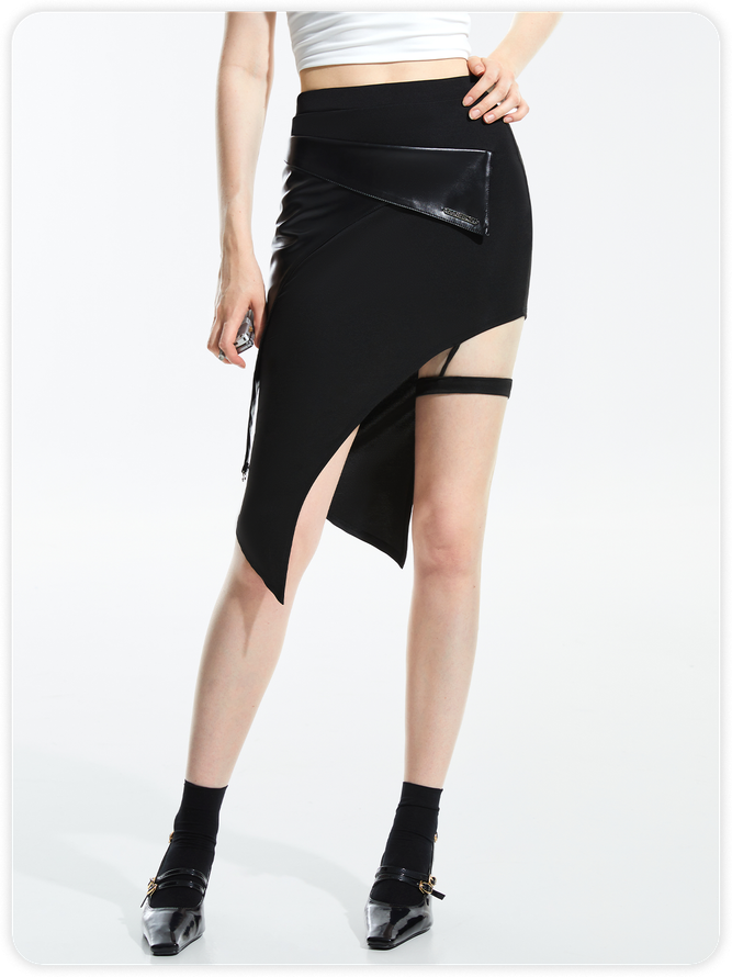 【Final Sale】Street Black Irregular Hem Asymmetrical Design Patchwork Bottom Skirt