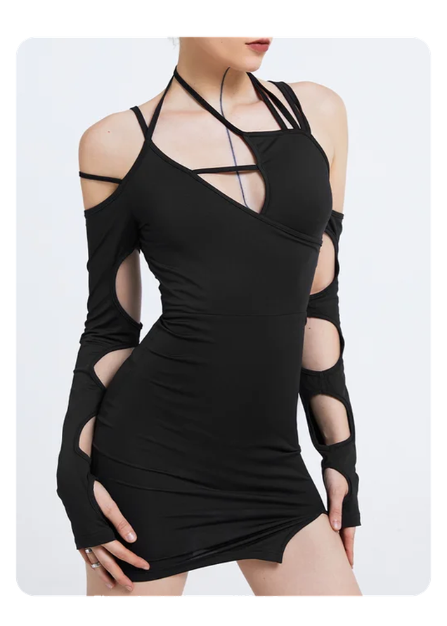【Final Sale】Edgy Black Lace Up Asymmetrical Design Cyberpunk Dress Mini Dress