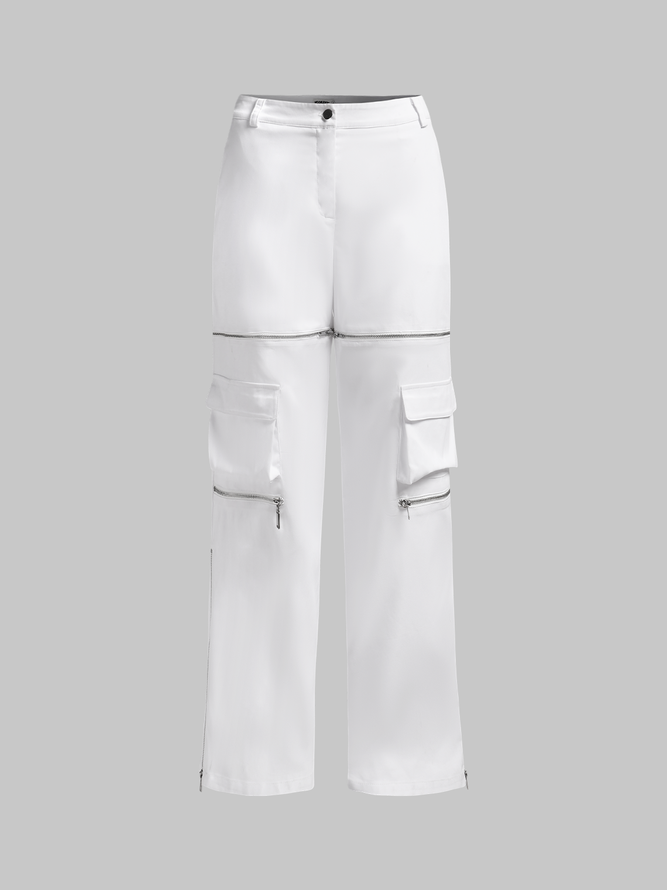 【Final Sale】Street White Pockets Zip up Bottom Pants