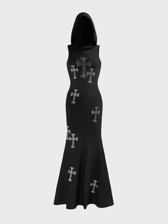 【Final Sale】Cross Rhinestones Hoodie Sleeveless Maxi Dress