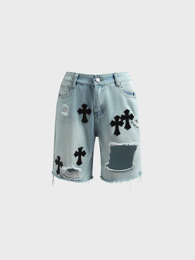 Denim Washed Cross Embroidery Cross Shorts