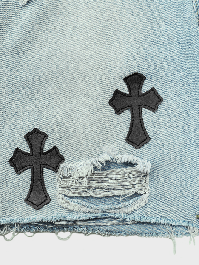 Denim Washed Cross Embroidery Cross Shorts