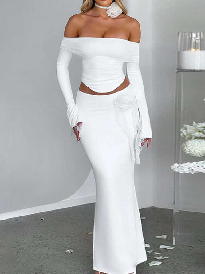 3D Flower Off-shoulder Plain Top With Skirt Two-Piece Set