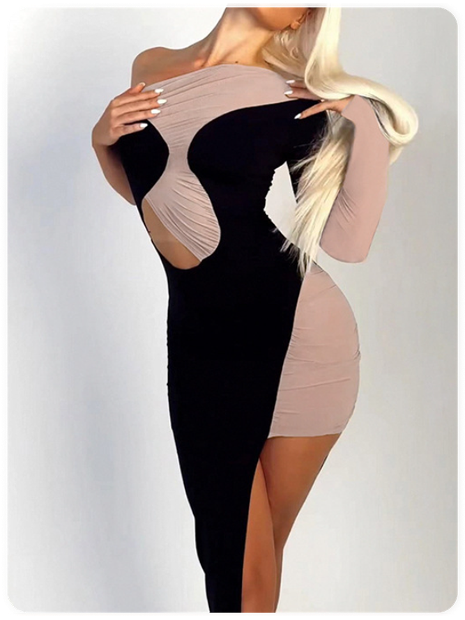 Asymmetrical Cut Out One Shoulder Color Block Long Sleeve Maxi Dress
