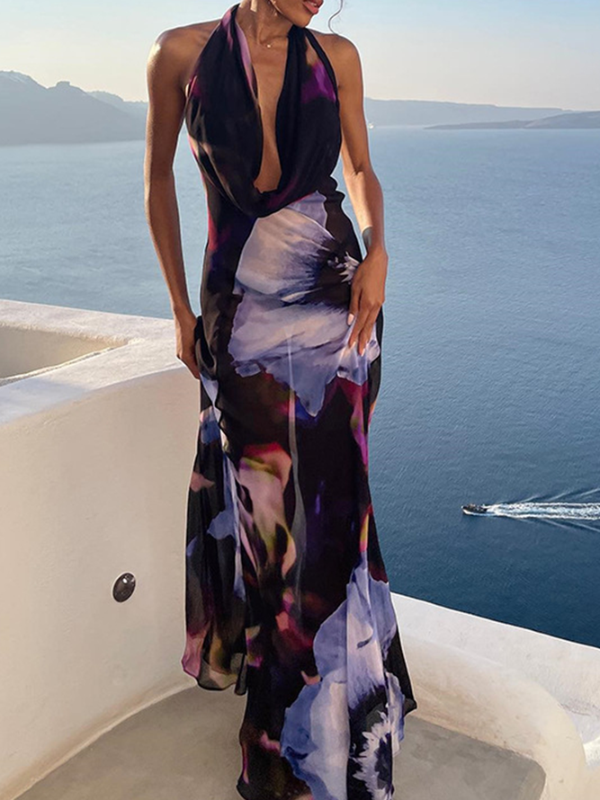 Halter Floral Sleeveless Maxi Dress