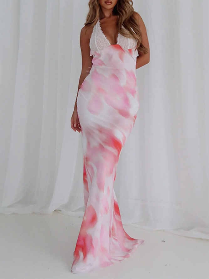 Halter Tie-Dye Pattern Sleeveless Maxi Dress