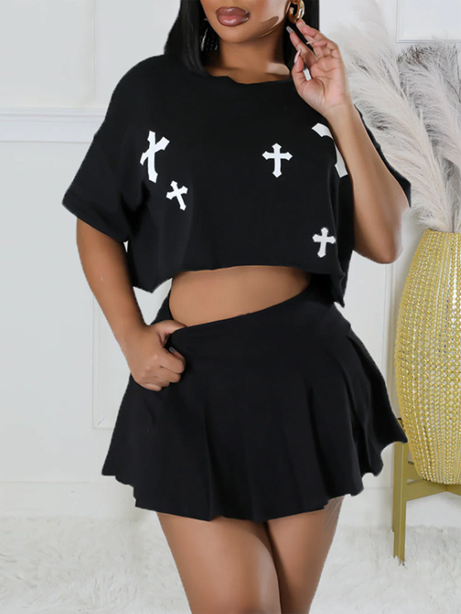 Jersey Cross Top With Skirt Two-Piece Set