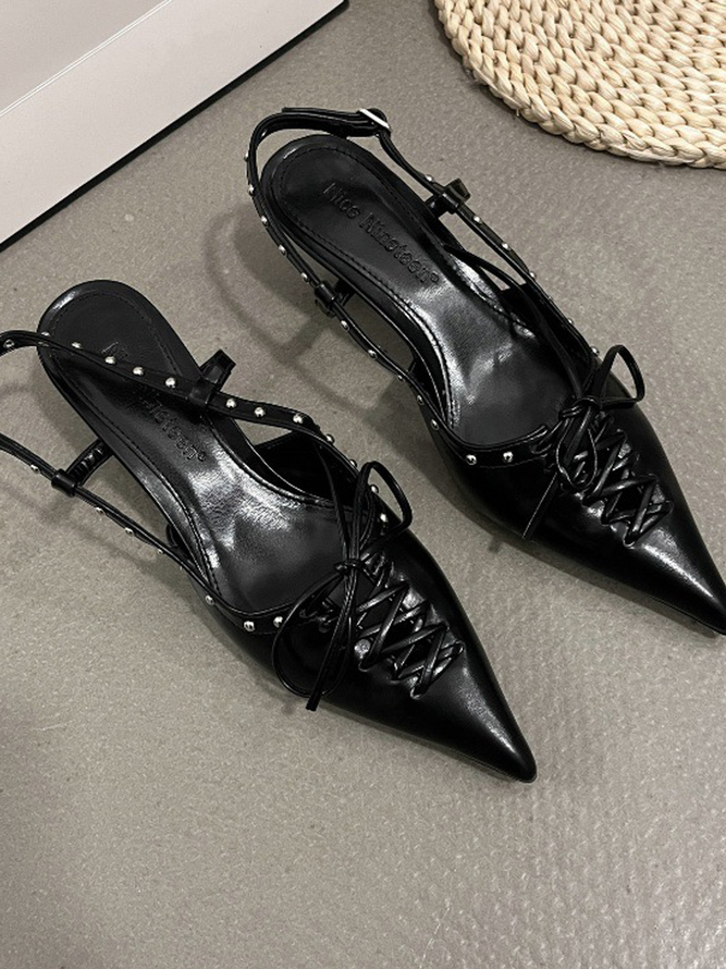 Pointed Toe Lace-Up Block Heel Strap Single Shoes