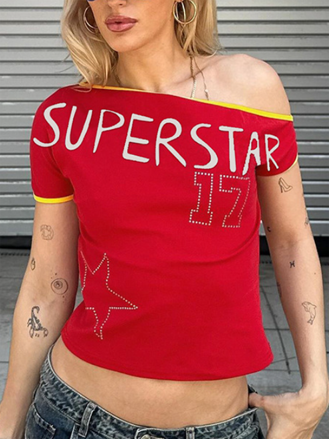 Jersey Hotfix Rhinestone One Shoulder Text Letters Short Sleeve T-shirt