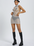 Mesh BlingBling Backless Asymmetrical Plain Top With Skirt Matching Set