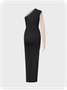 Asymmetrical Cut Out One Shoulder Color Block Long Sleeve Maxi Dress