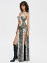 slim V Neck Leopard Sleeveless Maxi Dress