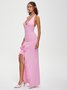 ruffles Side Slit Halter Plain Sleeveless Maxi Dress