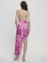 Backless Lace Up Halter Floral Pattern Sleeveless Midi Dress