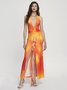 Side Slit Backless Mesh Halter Floral Sleeveless Maxi Dress