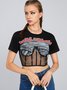 Street Black Lace-Up Design Mesh Graphic Top T-Shirt