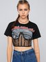 Street Black Lace-Up Design Mesh Graphic Top T-Shirt