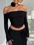 3D Flower Off-shoulder Plain Top With Skirt Two-Piece Set