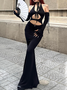 Cut Out Lace Up Halter Plain Long Sleeve Maxi Dress